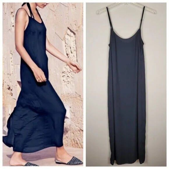 J. Crew Size S Crepe Maxi Slip Dress Spaghetti Straps Back Slit Black - Picture 1 of 12